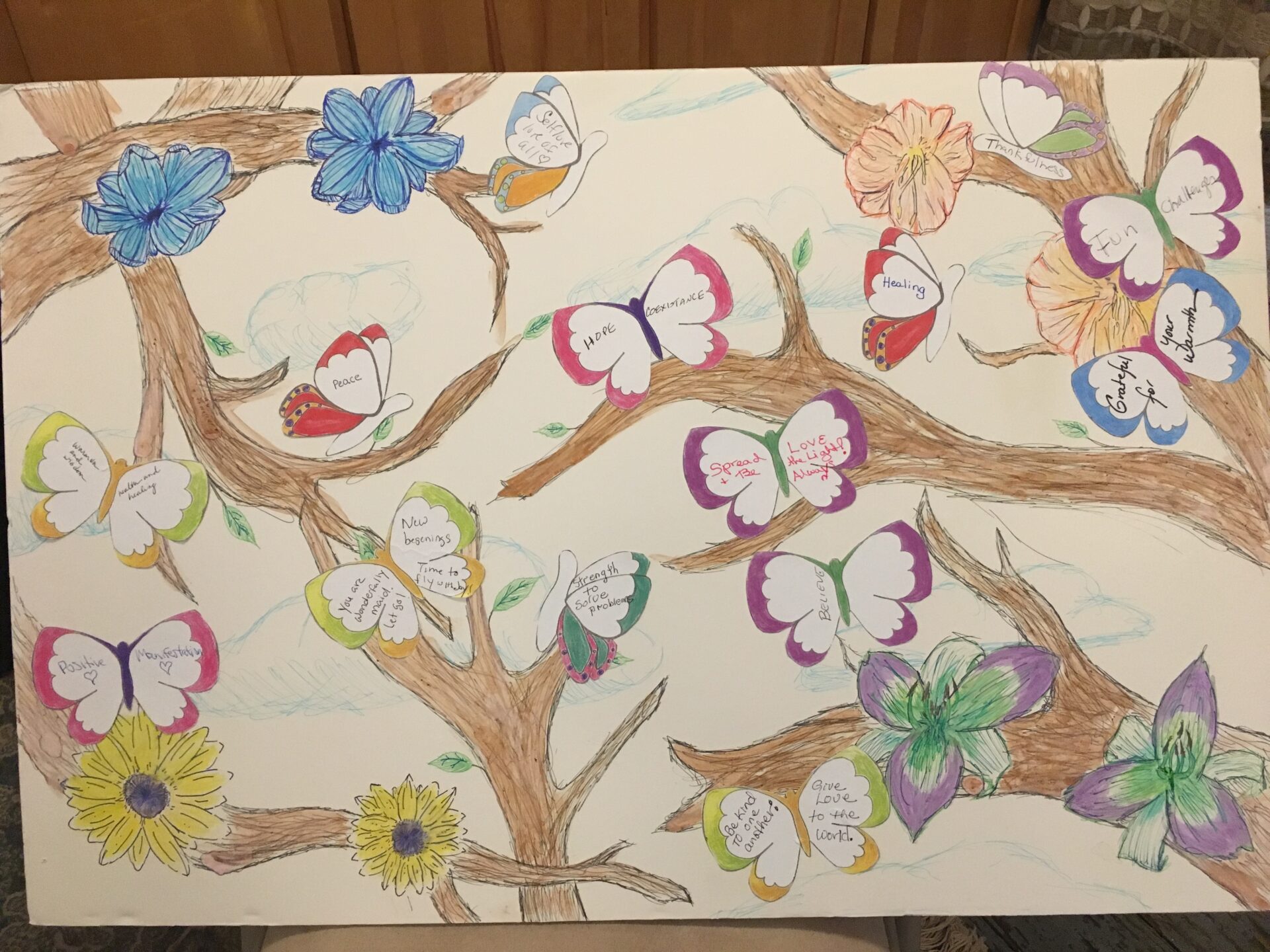 A poster featuring self-care messages written on butterfly stickers