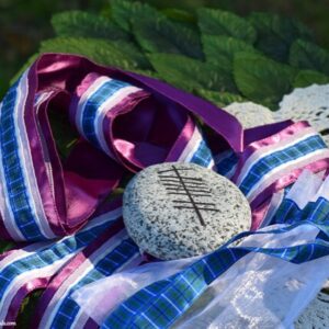 ritual oathing stone with handfasting cord made with Douglas clan tartan