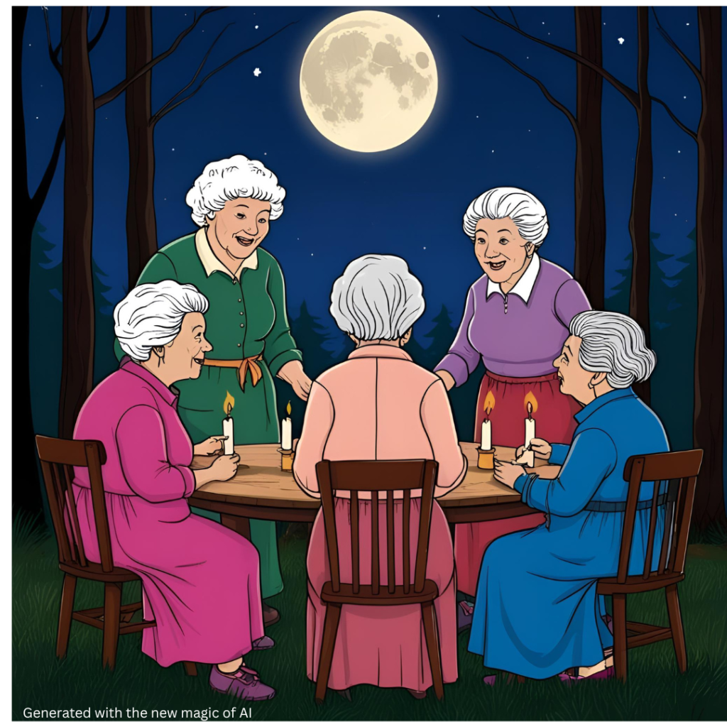 AI-generated image of 5 old, smiling, white-haired women sitting at a table outside under a full moon.
